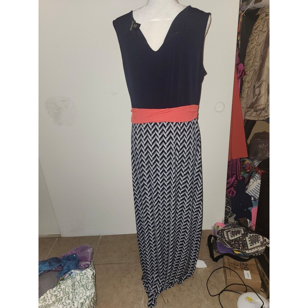 Dark Blue with Chevron Look Bottom Red Belt Maxi Dress 18W